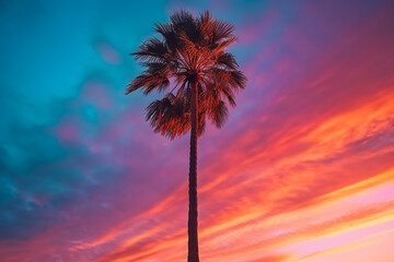 Beautiful palm tree against colorful clouds in the sunset