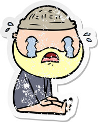 distressed sticker of a cartoon bearded man crying
