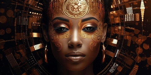 Fashion Gesicht mit Bodypainting Gold und Schwarz gemustert Poster Nahaufnahme, ai generativ - obrazy, fototapety, plakaty
