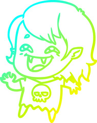 cold gradient line drawing of a cartoon laughing vampire girl