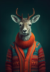 Portrait of Reindeer who looks like a man. An illustration of an animal dressed in christmas sweater, with big horns that is a symbol of Christmas. Dark green background. Generated AI.