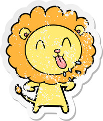 distressed sticker of a happy cartoon lion