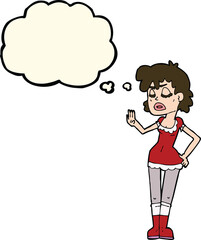 cartoon woman making dismissive gesture with thought bubble