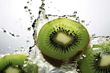 Poster slice kiwi drop to water with splash Food Photography © MeyKitchen