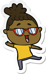 sticker of a cartoon happy woman wearing spectacles