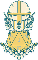 Retro Tattoo Style sad elf fighter character with natural one d20 roll
