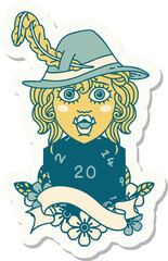 sticker of a singing half orc bard character with natural twenty dice roll