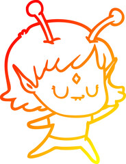 warm gradient line drawing of a cartoon alien girl