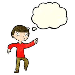 Obraz premium cartoon boy pointing with thought bubble