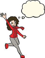 cartoon woman waving dressed for winter with thought bubble