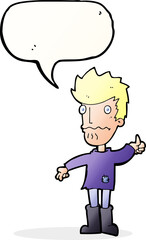 cartoon worried man giving thumbs up symbol with speech bubble