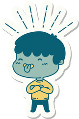 sticker of a tattoo style boy sticking out tongue