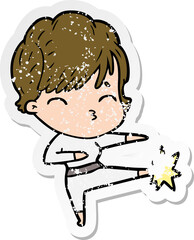 distressed sticker of a cartoon woman thinking