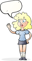 cartoon worried woman waving with speech bubble