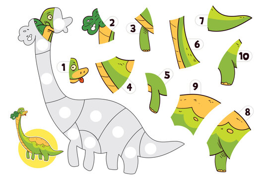 Jigsaw puzzle games. Puzzle with dinosaur. Brachiosaurus. Matching game. Educational game for children. Attention task. Choose correct answer. Find the missing piece of the picture. Cartoon character