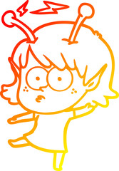 warm gradient line drawing of a cartoon alien girl