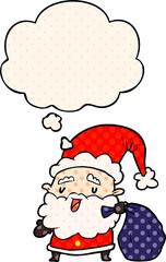 cartoon santa claus with sack with thought bubble in comic book style