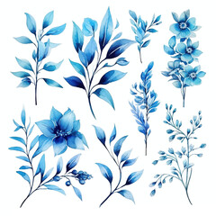 Set of vibrant blue floral watecolor. flowers and leaves. Floral poster, invitation floral. Vector arrangements for greeting card or invitation design