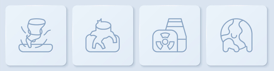 Set line Tornado, Nuclear power plant, Deforestation and Global warming. White square button. Vector