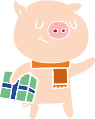 happy flat color style cartoon pig with christmas present