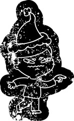 Fototapeta premium quirky cartoon distressed icon of a angry man pointing wearing santa hat