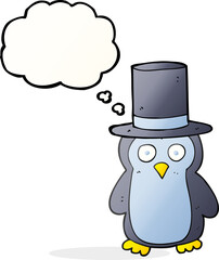 freehand drawn thought bubble cartoon penguin wearing hat
