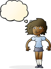 cartoon happy woman with thought bubble