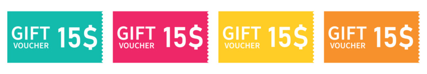 set colorful gift voucher 15$, special discount, special offer 5%