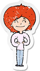 retro distressed sticker of a cartoon happy woman
