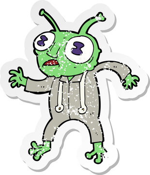 retro distressed sticker of a cartoon alien spaceman
