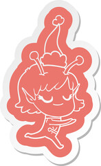 smiling alien girl quirky cartoon  sticker of a running wearing santa hat