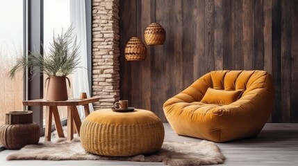 modern living room. Stylish comfortable poufs. armchair in room. Generative AI
