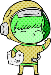 cartoon curious astronaut carrying space rock