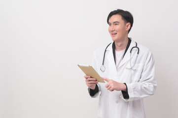 Portrait of male confident doctor over white background studio, healthcare and Medical technology concept.