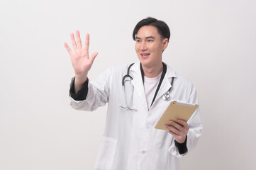 Portrait of male confident doctor over white background studio, healthcare and Medical technology concept.