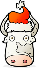 freehand drawn cartoon cow wearing christmas hat