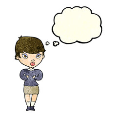 cartoon woman gesturing at self with thought bubble