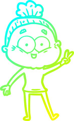 cold gradient line drawing of a cartoon happy old woman