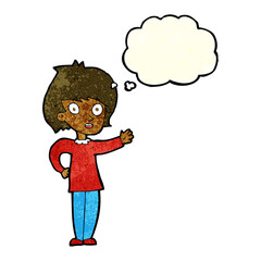 cartoon happy woman with thought bubble