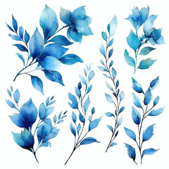 Set of vibrant blue floral watecolor. flowers and leaves. Floral poster, invitation floral. Vector arrangements for greeting card or invitation design