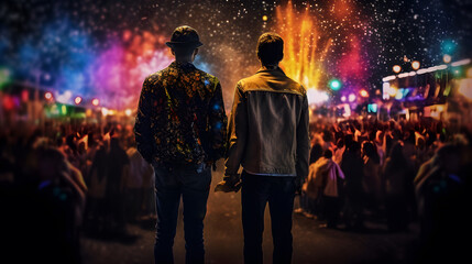 Fototapeta na wymiar Men couple at night of pride parade. Concept of LGBT pride. AI generated