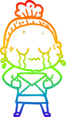rainbow gradient line drawing of a cartoon old woman crying with letter