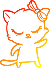 warm gradient line drawing of a cute cartoon cat with bow