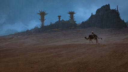 Digital 3D illustration of an adventurer riding a camel in front of a desert outpost - fantasy painting