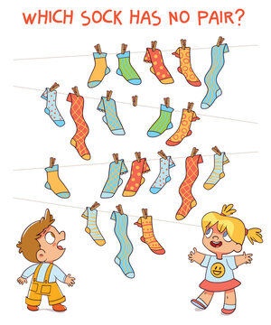 Which sock has no pair. Find two same picture. Puzzle Hidden Items. Matching game. Educational game for children. Attention task. Colorful cartoon characters. Funny vector illustration