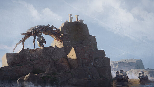 Digital 3d illustration of a giant crab creature crawling over a shipping port rocky outcrop