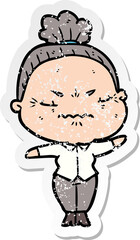 distressed sticker of a cartoon annoyed old lady