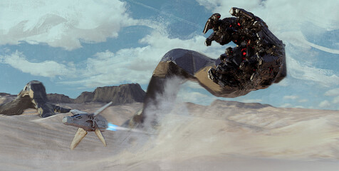 Digital 3d illustration of a giant mechanical worm creature chasing a low flying space ship - sci-fi painting