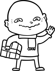 cartoon nervous man with xmas present