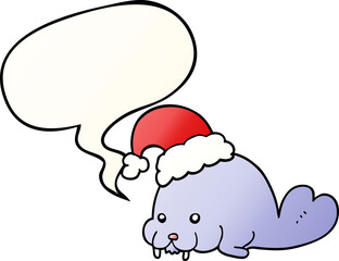 cartoon christmas walrus with speech bubble in smooth gradient style